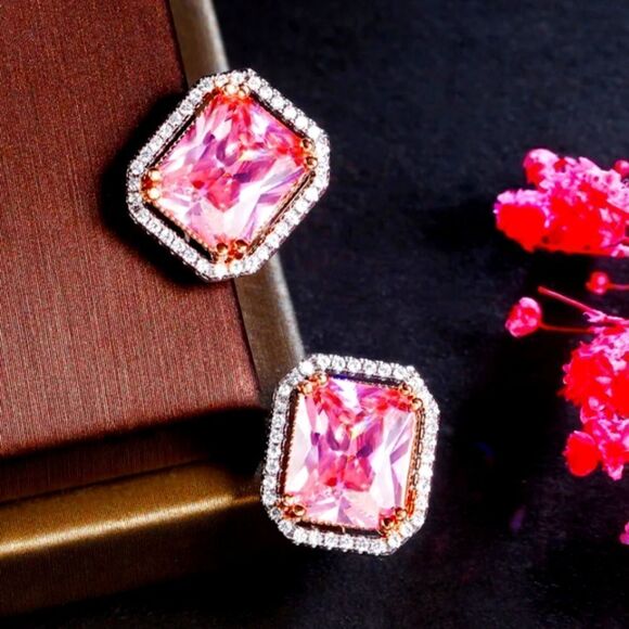 Women's Pink Sapphire Stud Earrings Surrounded by White Topaz 925 Silver - Picture 3 of 5